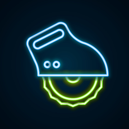 Glowing neon line Electric circular saw with steel toothed disc icon isolated on black background. Electric hand tool for cutting wood or metal. Colorful outline concept. Vector.