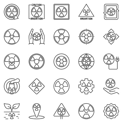Radiation Warning outline icons set - Radioactive signs and Nuclear Radiation Attention concept thin line symbols collection