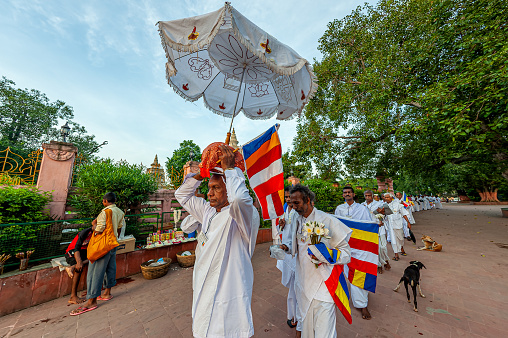 08 25 2008 Group of Pilgrims from Sri Lanka at rituals UNESCO World Heritage site Mahabodhi temple  Bodhgaya Bihar India Asia.
