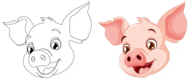 Vector illustration of Vector illustration of a pig, from line art to color