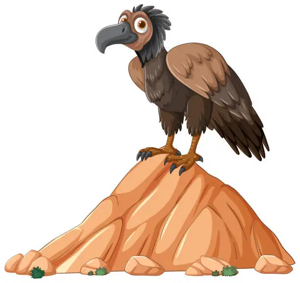 Vector illustration of Cartoon vulture standing atop a small hill.