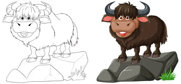 Vector illustration of Colorful vector of a cheerful yak standing on a rock