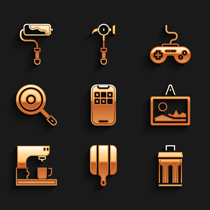Set Mobile Apps Cutting board Trash can Picture Coffee machine Frying pan Gamepad and Paint roller brush icon. Vector.