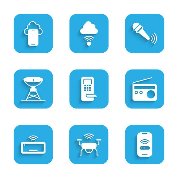 Vector illustration of Set Digital door lock, Smart drone system, Mobile with wi-fi wireless, Radio, Computer keyboard, Satellite dish, Wireless microphone and Cloud technology data icon. Vector