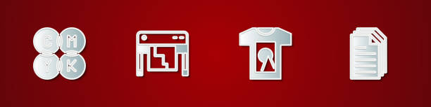 Set CMYK color mixing, Plotter, T-shirt and File document icon. Vector Set CMYK color mixing, Plotter, T-shirt and File document icon. Vector. shirt folder stock illustrations