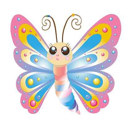 This vector illustration showcases a vibrant and colorful butterfly, designed with a playful and child-friendly approach. The image is rich in bright colors and features a joyful expression, making it particularly appealing for children's content. Set against a white background, the butterfly stands out with its detailed and whimsical design, ideal for educational materials, nature-themed projects, or decorative purposes. The artwork combines simplicity with creativity, aiming to capture the essence of nature's beauty through a cheerful and engaging character.