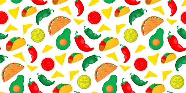 Vector illustration of Mexican food seamless pattern.