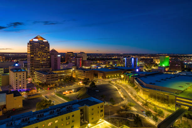 istock Albuquerque Skyline Aerial At Dusk 2142447394