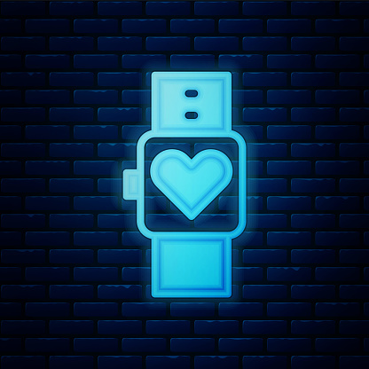 Glowing neon Smart watch showing heart beat rate icon isolated on brick wall background. Fitness App concept. Vector.