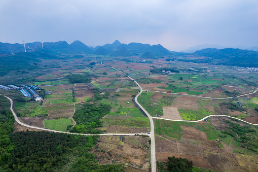 Aerial photography of cement roads leading from village to village in Xijiang Town, Lianzhou City, Qingyuan, Guangdong