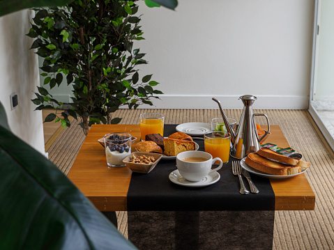 Buffet breakfast concept, breakfast time in luxury hotel, couple brunch in restaurant