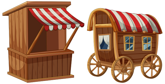 Illustration of old-fashioned wooden market booth and wagon