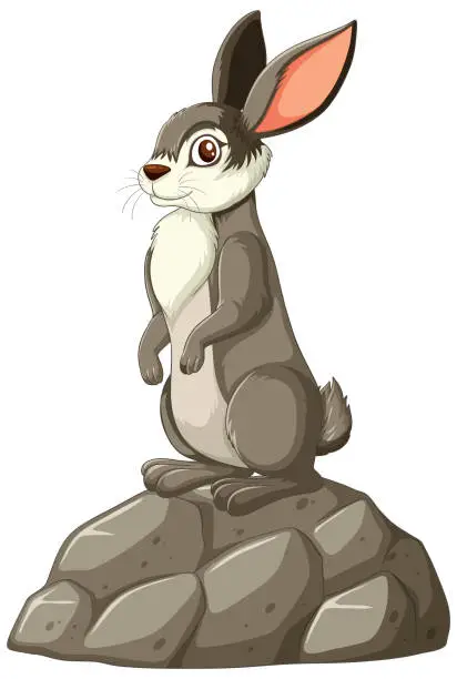 Vector illustration of Illustration of a rabbit sitting atop stones