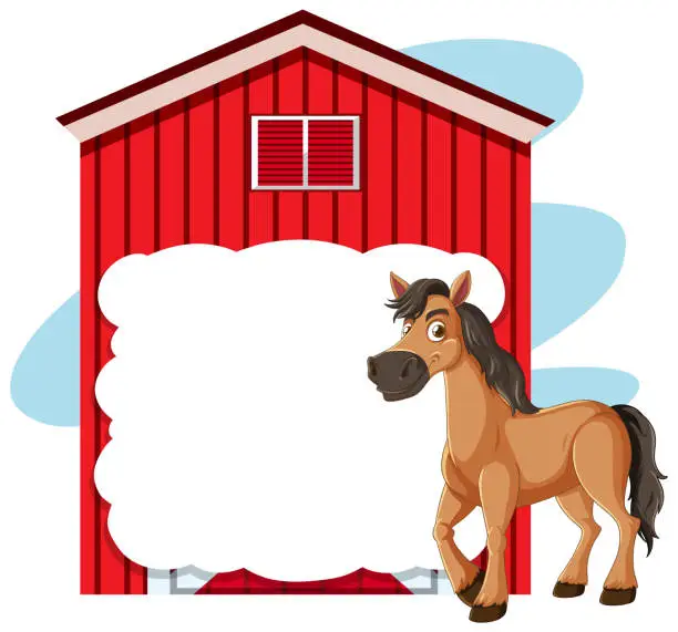 Vector illustration of Cartoon horse standing by a barn with clouds.
