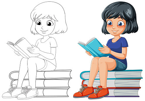Illustration of a girl reading on a stack of books