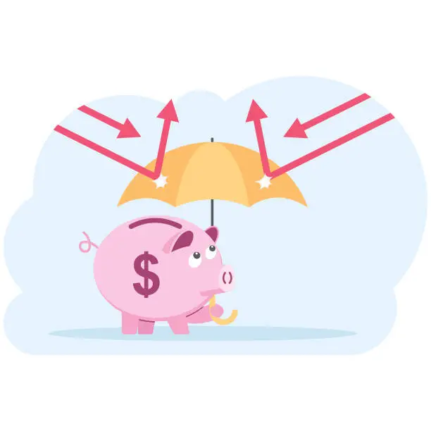 Vector illustration of Umbrella protect the piggy bank. Crisis of banking and finance. Flat, Vector, Illustration,