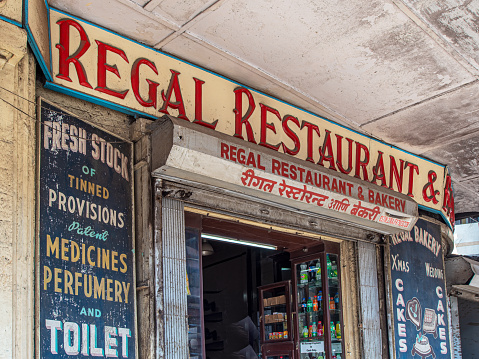 02 25 2024 Vintage Wooden Sign Board for Restaurant and Bakery Near Byculla station Mumbai Maharashtra India.Asia.