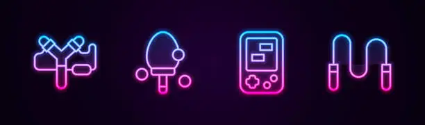 Vector illustration of Set line Slingshot, Racket, Tetris electronic game and Jump rope. Glowing neon icon. Vector