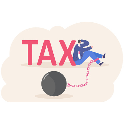 Tied and worried taxpayer businessman with ball and chain. Crisis of banking and finance. Flat, Vector, Illustration, Cartoon, EPS10.