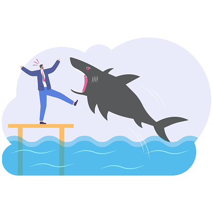 Businessman sitting with fishing shark strike, Businessman sharks concept, Illustration vector cartoon