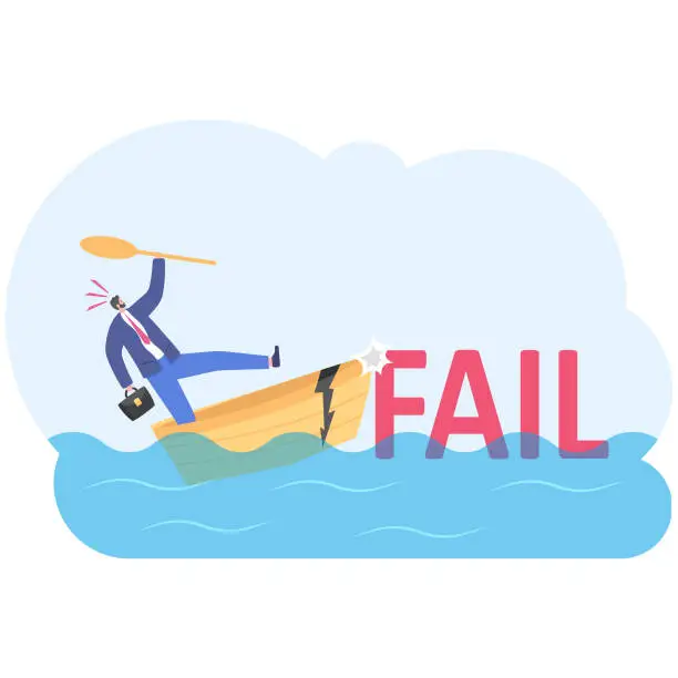Vector illustration of Businessman in a sinking boat with collides with word fail. illustration vector cartoon.