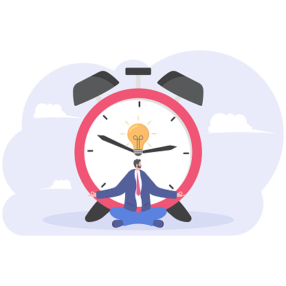 Businessman meditating in front of clock, Time management concept, illustration vector cartoon