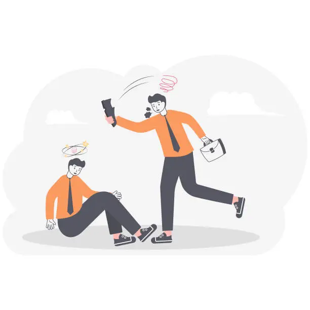 Vector illustration of Aggressive men office workers put up a fight with a shoe attack his co worker in office,