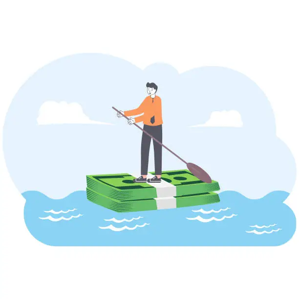 Vector illustration of Businessman rowing on a dollar boat in the ocean,illustration vector cartoon.