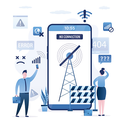 Users without internet connection, wifi unavailable, wi-fi has no internet. Unhappy people using mobile phones offline and confused because there is no wifi signal. Problems with gsm tower and network