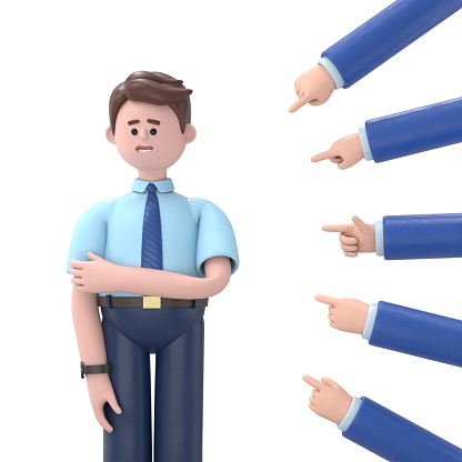 Concept of social censure or accusations. Many hands pointing 3D illustration of Asian man Felix. Victim of ridicule and bullying. Harassment. 3D rendering on white background