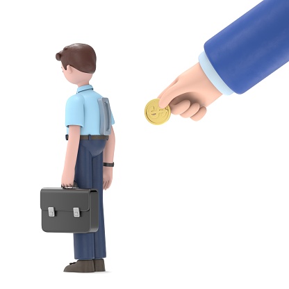 Flat style paying for 3D illustration of Asian man Felix. Big hand insert coin into hole in PEOPLE back. Costly expensive pricey medical insurance.3D rendering on white background