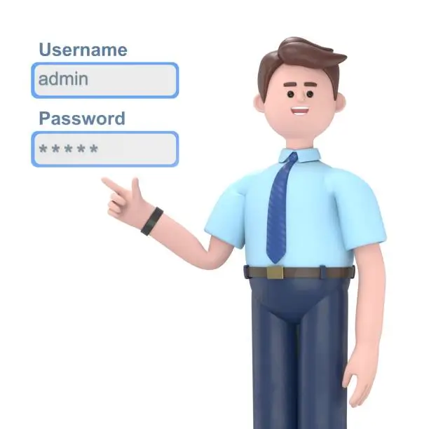Photo of 3D illustration of Asian man Felix admin network engineer pushing username and password fields login box.3D rendering on white background