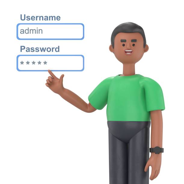 3D illustration of handsome afro man David admin network engineer pushing username and password fields login box.3D rendering on white background