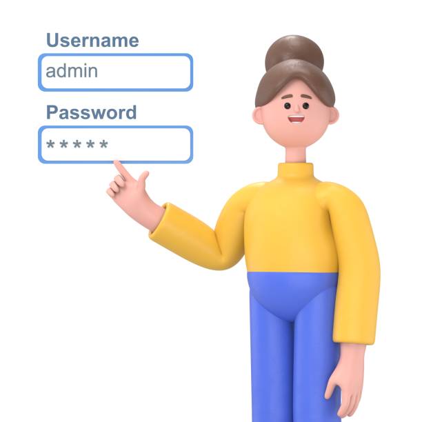 istock 3D illustration of Asian woman Angela admin network engineer pushing username and password fields login box.3D rendering on white background 2142564199