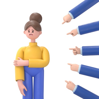Concept of social censure or accusations. Many hands pointing 3D illustration of Asian woman Angela. Victim of ridicule and bullying. Harassment. 3D rendering on white background