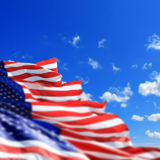 istock American flags in a row over sunny sky 2142565622