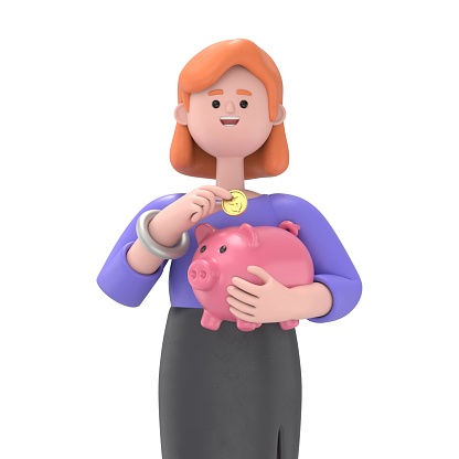 3D illustration of European businesswoman Ellen holds a piggy bank. Concept of saving finances. 3D illustration in cartoon style.3D rendering on white background