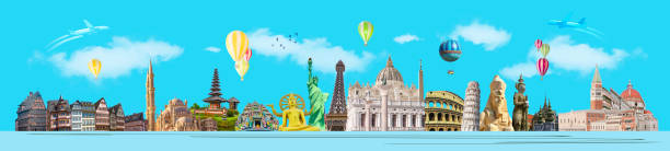istock World landmarks and famous monuments collage isolated on blue background 2142566306