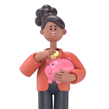 3D illustration of african american woman Coco holds a piggy bank. Concept of saving finances. 3D illustration in cartoon style.3D rendering on white background