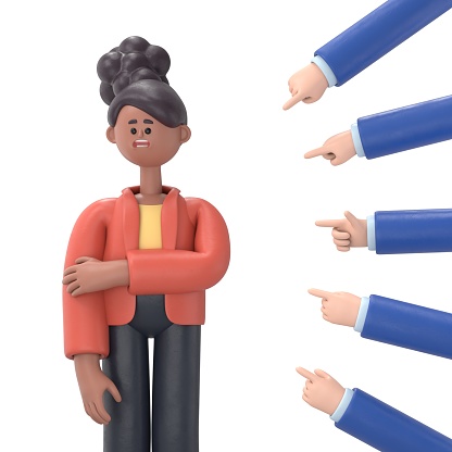 Concept of social censure or accusations. Many hands pointing 3D illustration of african american woman Coco. Victim of ridicule and bullying. Harassment. 3D rendering on white background