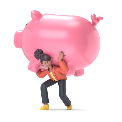 Save money concept - 3D illustration of african american woman Coco carrying big piggy bank on his shoulders.3D rendering on white background.