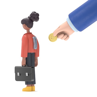 Flat style paying for 3D illustration of african american woman Coco. Big hand insert coin into hole in PEOPLE back. Costly expensive pricey medical insurance.3D rendering on white background