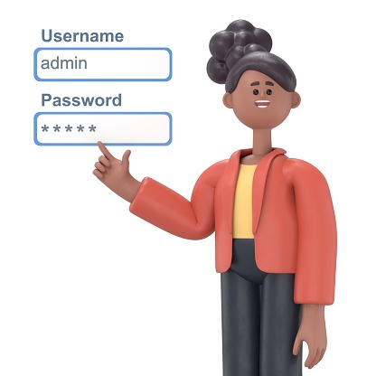 3D illustration of african american woman Coco admin network engineer pushing username and password fields login box.3D rendering on white background