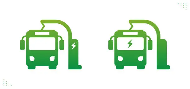 Vector illustration of Electric bus, charging station for electric bus. Recharger station. Friendly eco energy. Sustainable green energy. Vector illustration
