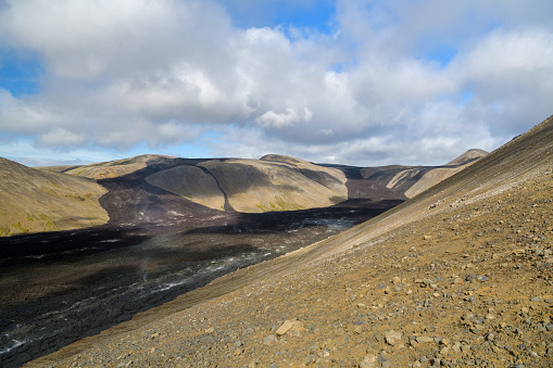 View on valley covered by solidified lava from Geldingadalir volcano near Grindavik in Iceland