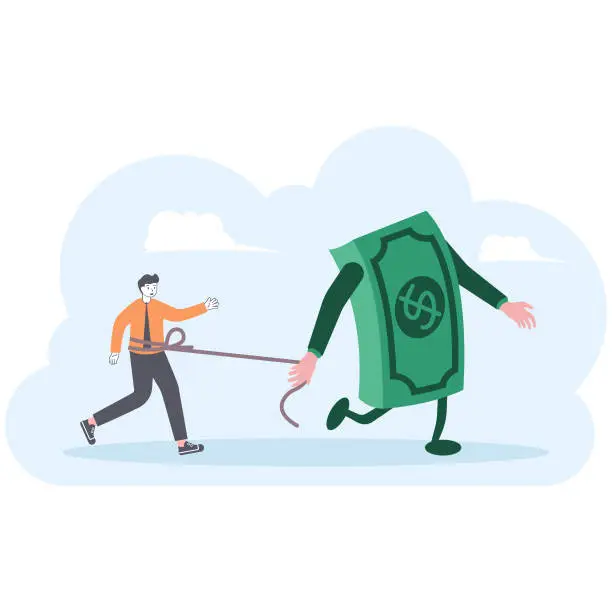 Vector illustration of Money pulling away businessman with a rope, Money control man, illustrator vector cartoon drawing