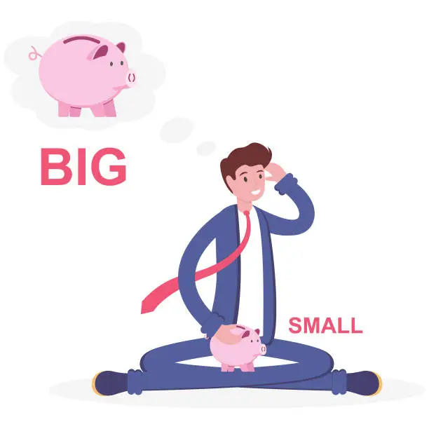 Vector illustration of Sad businessman in stress with small piggy bank, illustration vector cartoon