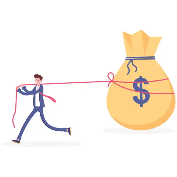 Vector illustration of Businessman pulling a big money bag, Money under control, illustrator vector cartoon drawing