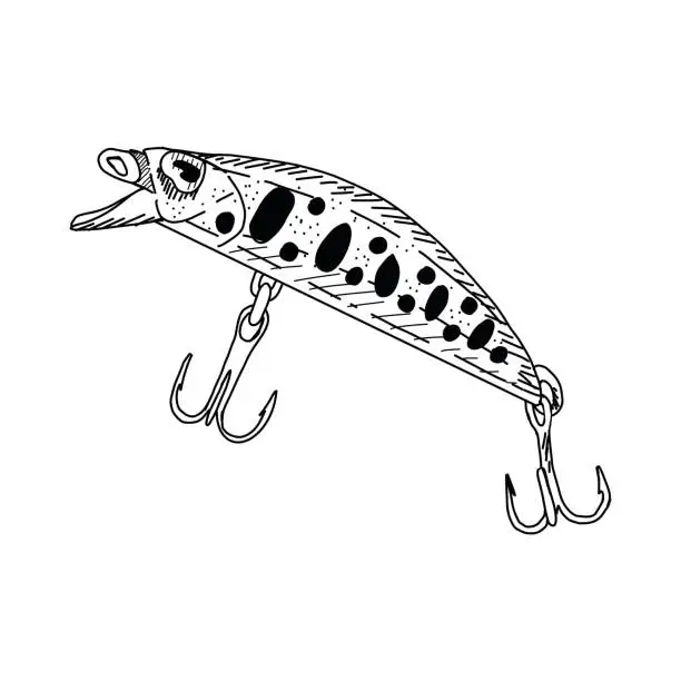 Vector illustration of Fish hook minnow vector illustration tackle. Fly gudgeon spinner lure feeding. Bait line drawing. Ink silhouette Black outline graphic. Fishing spoon angler tool black outline