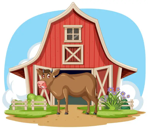 Vector illustration of Cartoon cow standing by a barn on a farm
